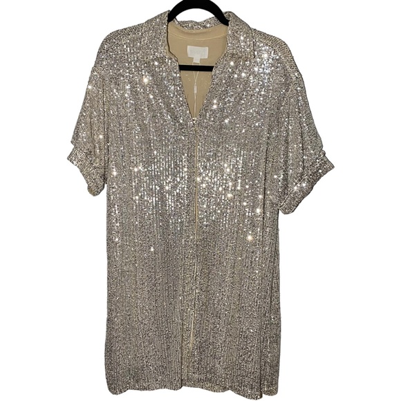 Every Women's Large Champagne Short Sleeve Collared Sequin Button Up Mini Dress - Picture 1 of 9